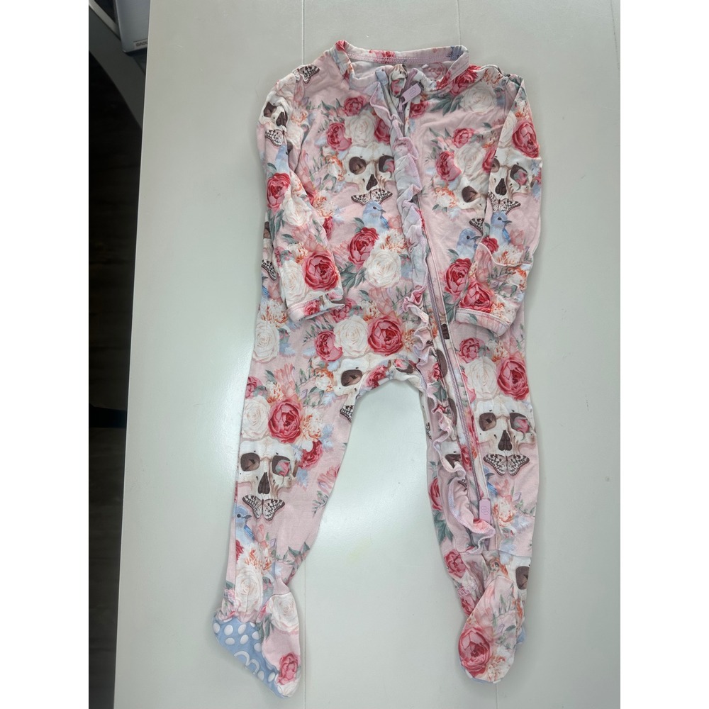 Little Bum Bums Footie Sleeper 0-3M Pink Floral Skull Excellent Ruffle Bamboo